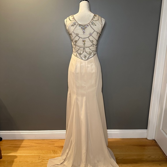 Custom Formal Backless Mesh Beaded Gown. Champagne color - Picture 4 of 6